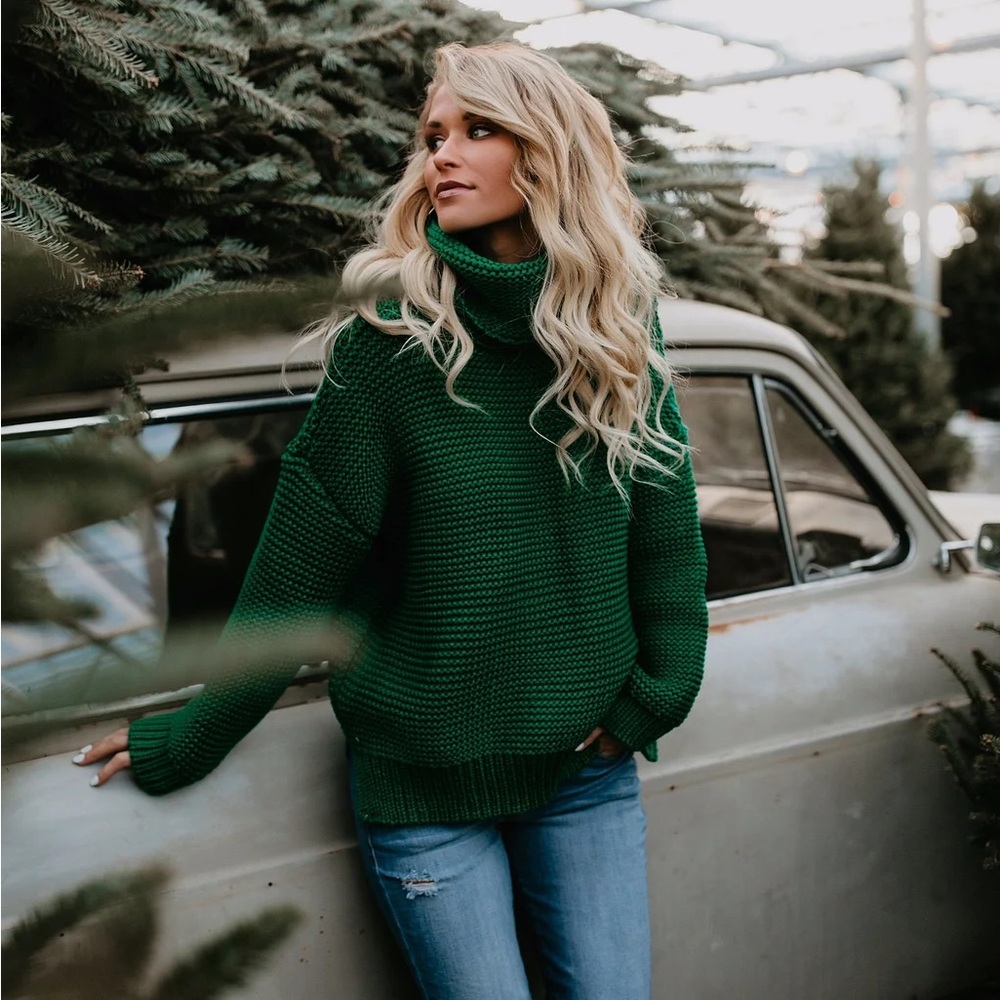 Cozy Green Turtleneck Sweater women oversized cowl neck